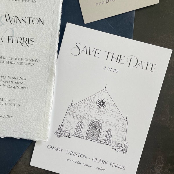 Save the Date card with Venue Illustration | Black and white Wedding Save our Date cards with envelope