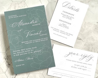 Dusty Blue Wedding Invitation Set with Vellum Wrap & Wax seal | Wedding invitations with flowers