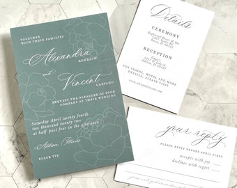 Dusty Blue Peony Wedding Invitation Suite | Vellum Wrap & Wax Seal