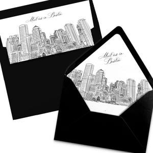 Druckbare Boston Skyline Umschlag Liner Sofort Download schwarz weiß Linie Kunst A7 Euro Klappe und quadratische Klappe DIY Hochzeitseinladung