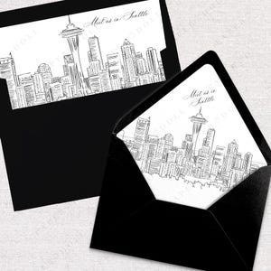 印刷可能なシアトルのスカイライン封筒ライナー、即時ダウンロード、白黒ラインアート、A7 ユーロフラップとスクエアフラップ、DIY 結婚式招待状
