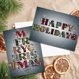 Set of 12 folded Christmas cards with watercolor Christmas Art, Custom Christmas Card, Set of Holiday cards and Envelopes w/ personalization
