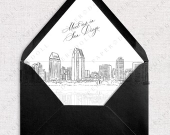 Printable San Diego Skyline Envelope Liner Instant Download Black and White Line Art A7 Euro Flap and Square Flap DIY Wedding Invitation
