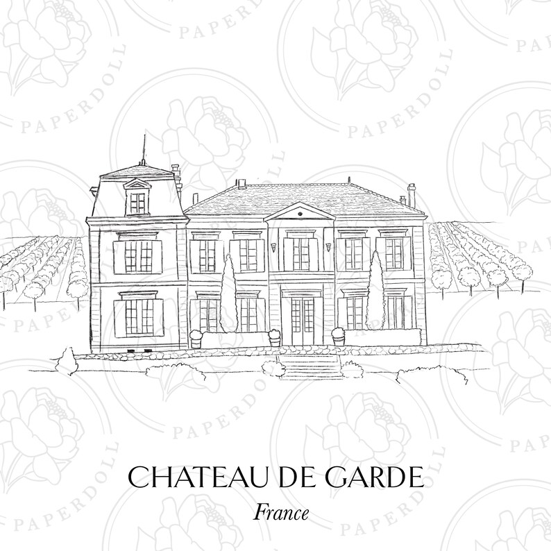 May include: A black and white line drawing of the Chateau de Garde in France. The image shows a detailed illustration of the chateau with the text "CHATEAU DE GARDE France". Vineyards are shown on either side of the building.