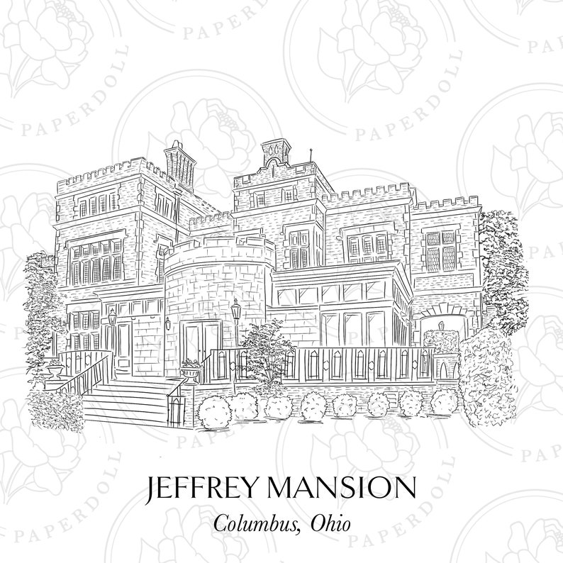 May include: A black and white line drawing of Jeffrey Mansion in Columbus, Ohio. The image shows a large stone building with multiple levels, turrets, and windows. The text "JEFFREY MANSION" and "Columbus, Ohio" are displayed below the illustration.