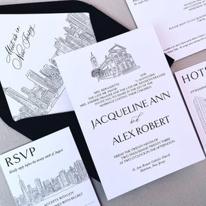 Black and White wedding invitation with custom venue illustration(s), Modern and simple design, elegant fonts, envelope liner with skyline