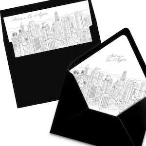 Druckbare Los Angeles Skyline Umschlag Liner Sofort Download schwarz und weiß Linie Kunst A7 Euro Klappe und quadratische Klappe DIY Hochzeitseinladung
