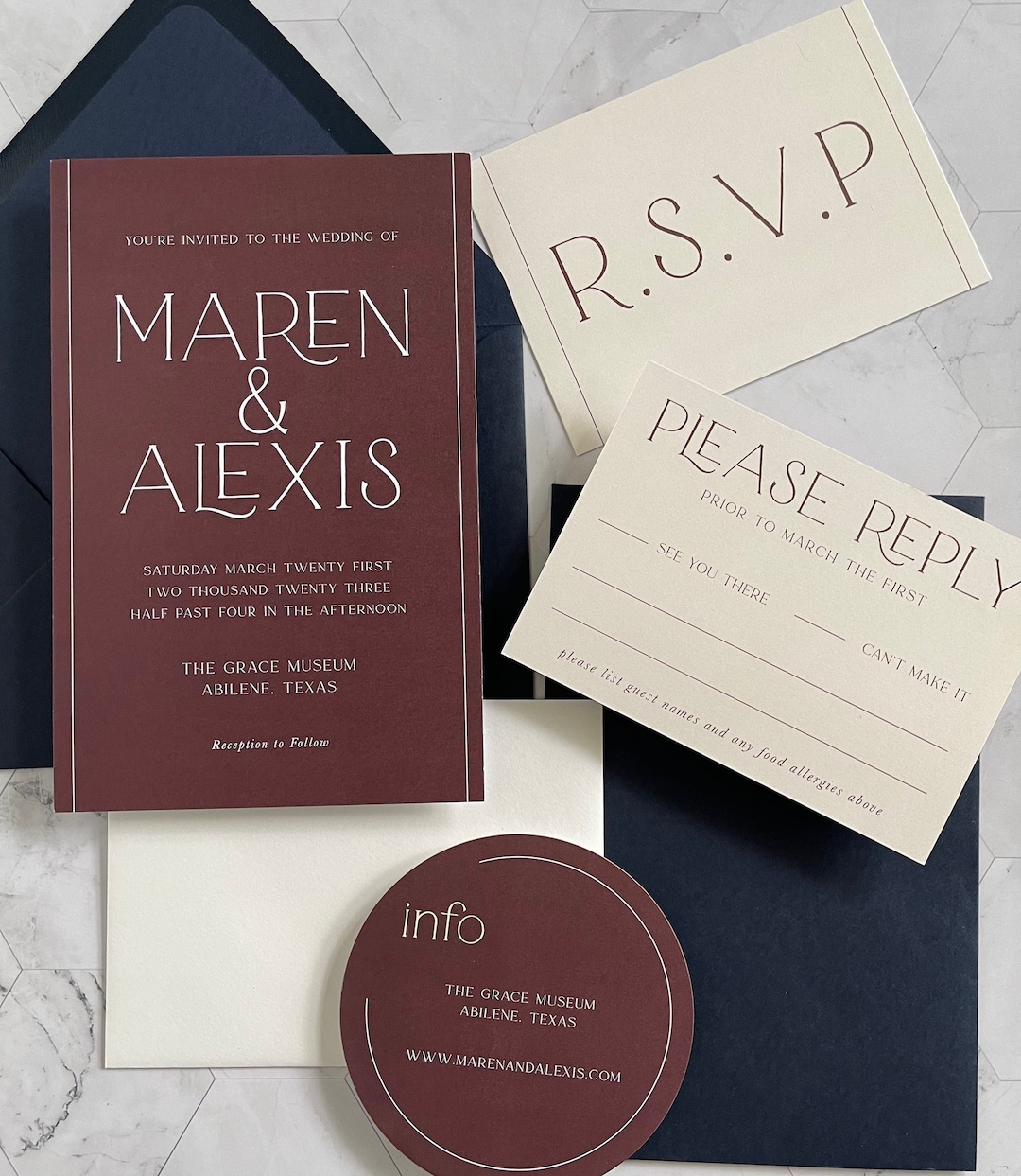 Burgundy and Navy Blue Wedding Invitation | Custom Wedding Invitation ...