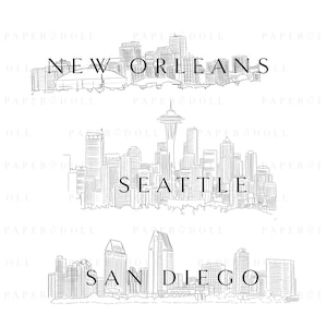 May include: Black and white line drawings of city skylines for New Orleans, Seattle, and San Diego.