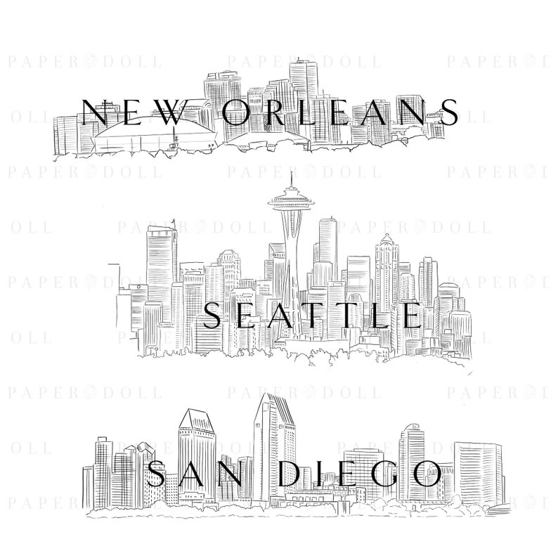 May include: Black and white line drawings of city skylines for New Orleans, Seattle, and San Diego.