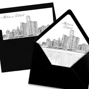 Druckbare Detroit Skyline Umschlag Liner Sofort Download schwarz und weiß Linie Kunst A7 Euro Klappe und quadratische Klappe DIY Hochzeitseinladung