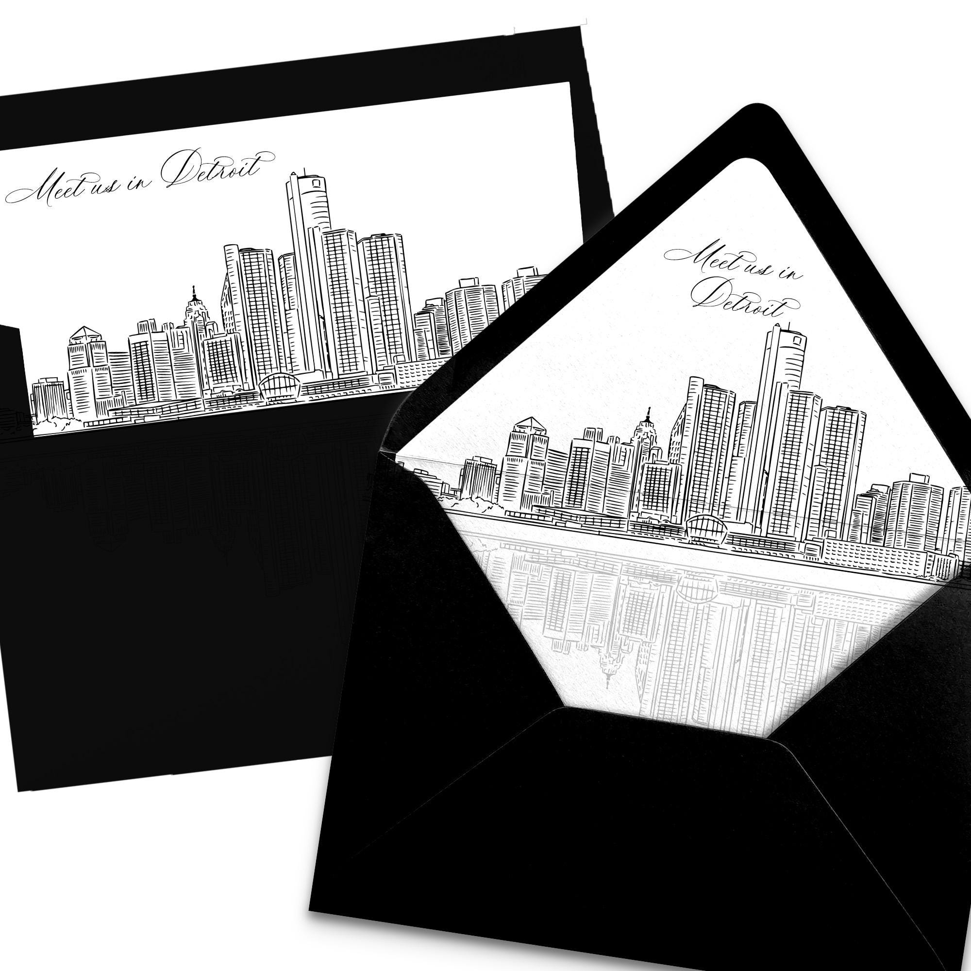 Printable Detroit Skyline Envelope Liner Instant Download Black and White Line Art A7 Euro Flap and Square Flap DIY Wedding Invitation