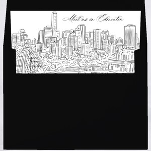 Druckbare Edmonton Alberta Skyline Umschlag Liner Sofort Download schwarz und weiß Linie Kunst A7 Euro Klappe und quadratische Klappe DIY Hochzeit einladen
