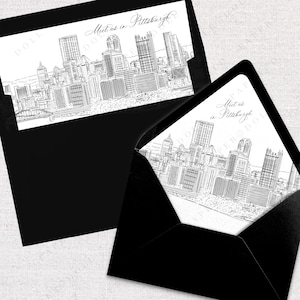 Druckbare Pittsburgh Skyline Umschlag Liner Sofort Download schwarz und weiß Linie Kunst A7 Euro Klappe und quadratische Klappe DIY Hochzeitseinladung