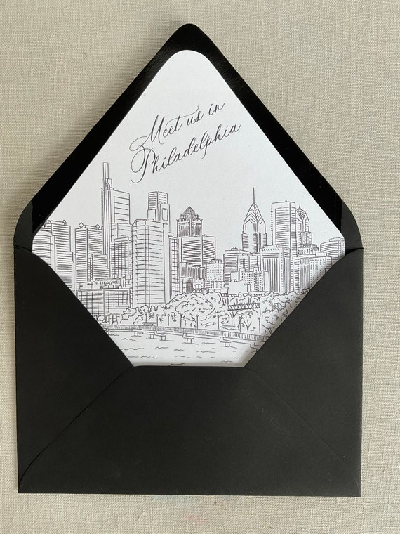 Printed Philadelphia Skyline Envelope Liners, Custom Illustration