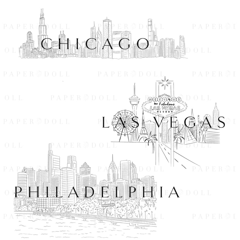 May include: Black and white line art illustrations of city skylines. The top image shows the Chicago skyline. The middle image shows the Las Vegas skyline with the iconic "Welcome to Fabulous Las Vegas, Nevada" sign. The bottom image shows the Philadelphia skyline.