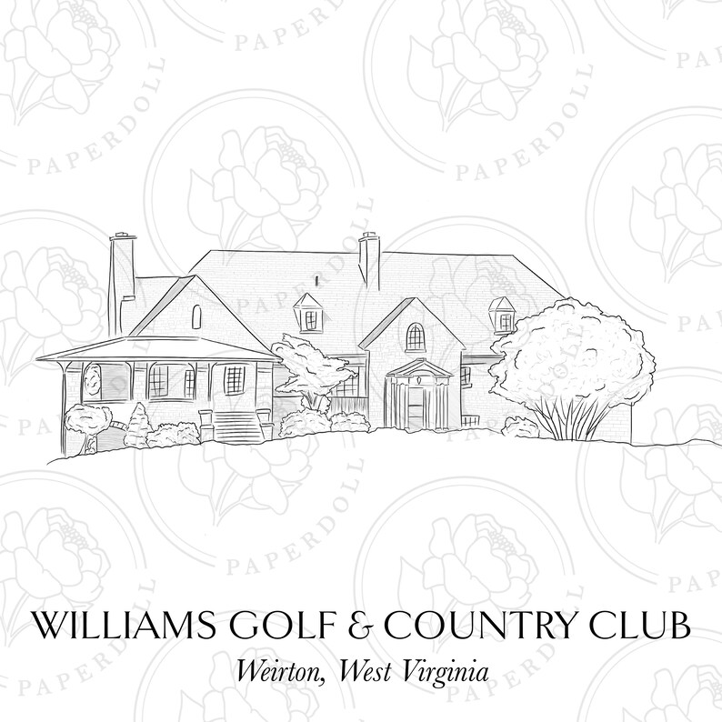 May include: A black and white line drawing of the Williams Golf & Country Club in Weirton, West Virginia. The image shows a building with a porch, windows, and a chimney. The text "WILLIAMS GOLF & COUNTRY CLUB" is below the image.