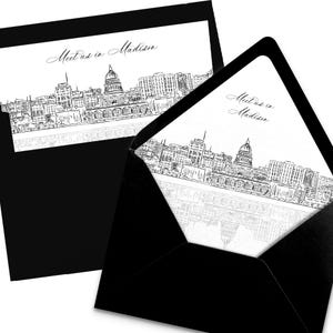 Madison Wisconsin Skyline Umschlag Liner Sofort Download schwarz weiß Linie Kunst A7 Euro Klappe und quadratische Klappe DIY Hochzeit einladen