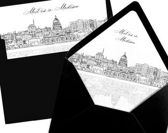 Madison Wisconsin Skyline Envelope Liner, Black and White Line Art (Digital Download)