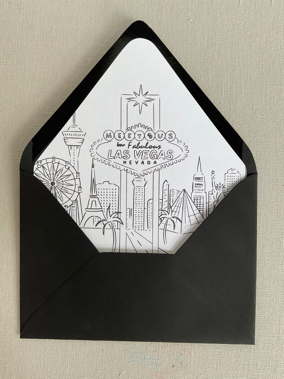 Printed Las Vegas Skyline Envelope Liners for A7, A9, Square Envelope, Envelope Liner with Las Vegas Skyline and meet us in Vegas on sign