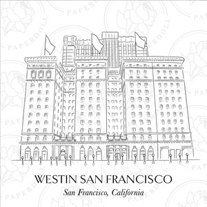 May include: A monochrome line drawing of the Westin San Francisco hotel. The image depicts the building's front with numerous windows, flags, and the text "WESTIN SAN FRANCISCO" and "San Francisco, California".
