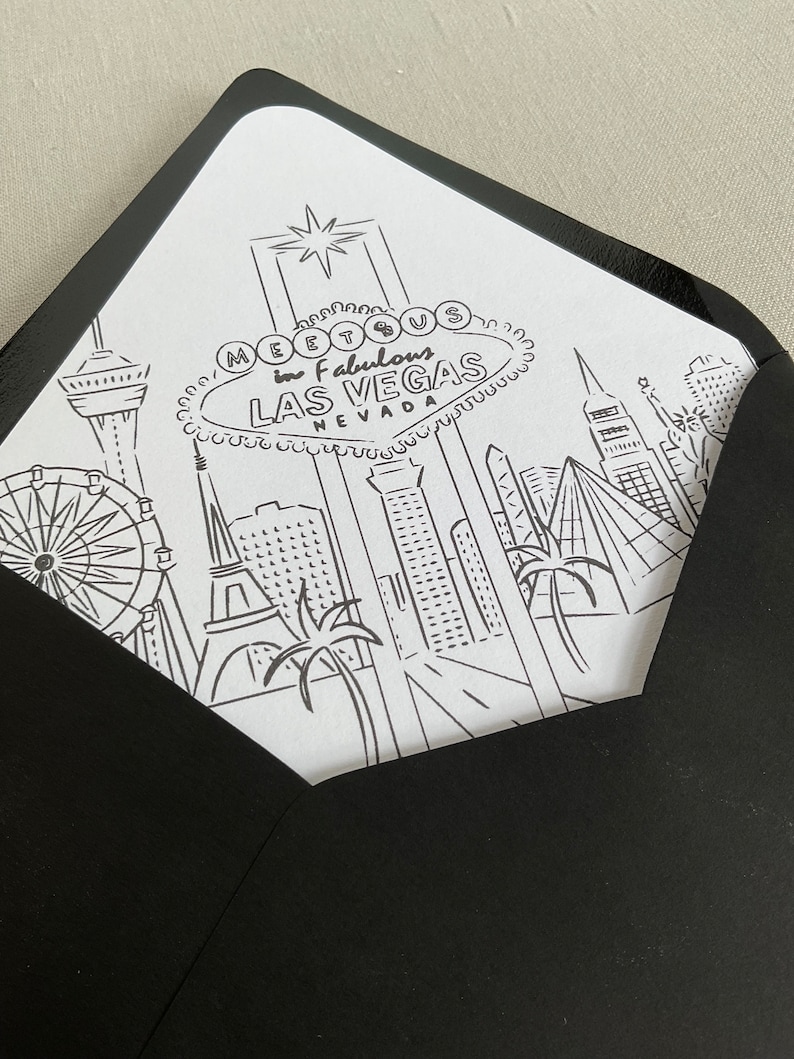 May include: Black and white illustration of the Las Vegas skyline with the iconic "Meet Us in Fabulous Las Vegas, Nevada" sign. The illustration includes the Eiffel Tower, the High Roller observation wheel, palm trees, and other buildings.