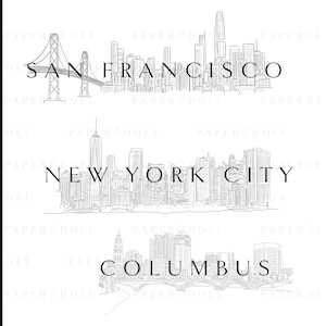 May include: Black and white line art illustration of city skylines. The top image shows the San Francisco skyline with the Golden Gate Bridge. The middle image shows the New York City skyline. The bottom image shows the Columbus skyline.