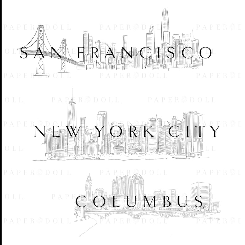 May include: Black and white line art illustration of city skylines. The top image shows the San Francisco skyline with the Golden Gate Bridge. The middle image shows the New York City skyline. The bottom image shows the Columbus skyline.
