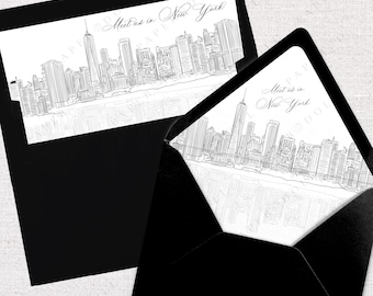 Printable New York City Skyline Envelope Liner Instant Download Black and White Line Art A7 Euro Flap and Square Flap DIY Wedding Invite