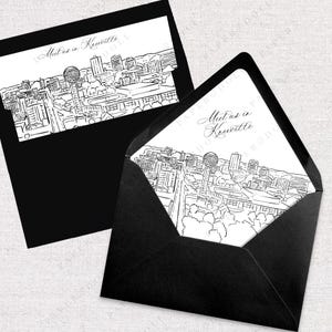 Afdrukbare Knoxville Skyline envelop voering Instant Download zwart-wit lijntekeningen A7 Euro flap en vierkante flap DIY huwelijksuitnodiging