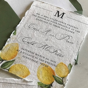 Watercolor Lemon Wedding Invitation on handmade deckled edge paper | Bright Citrus Invitation | Yellow Wedding invites