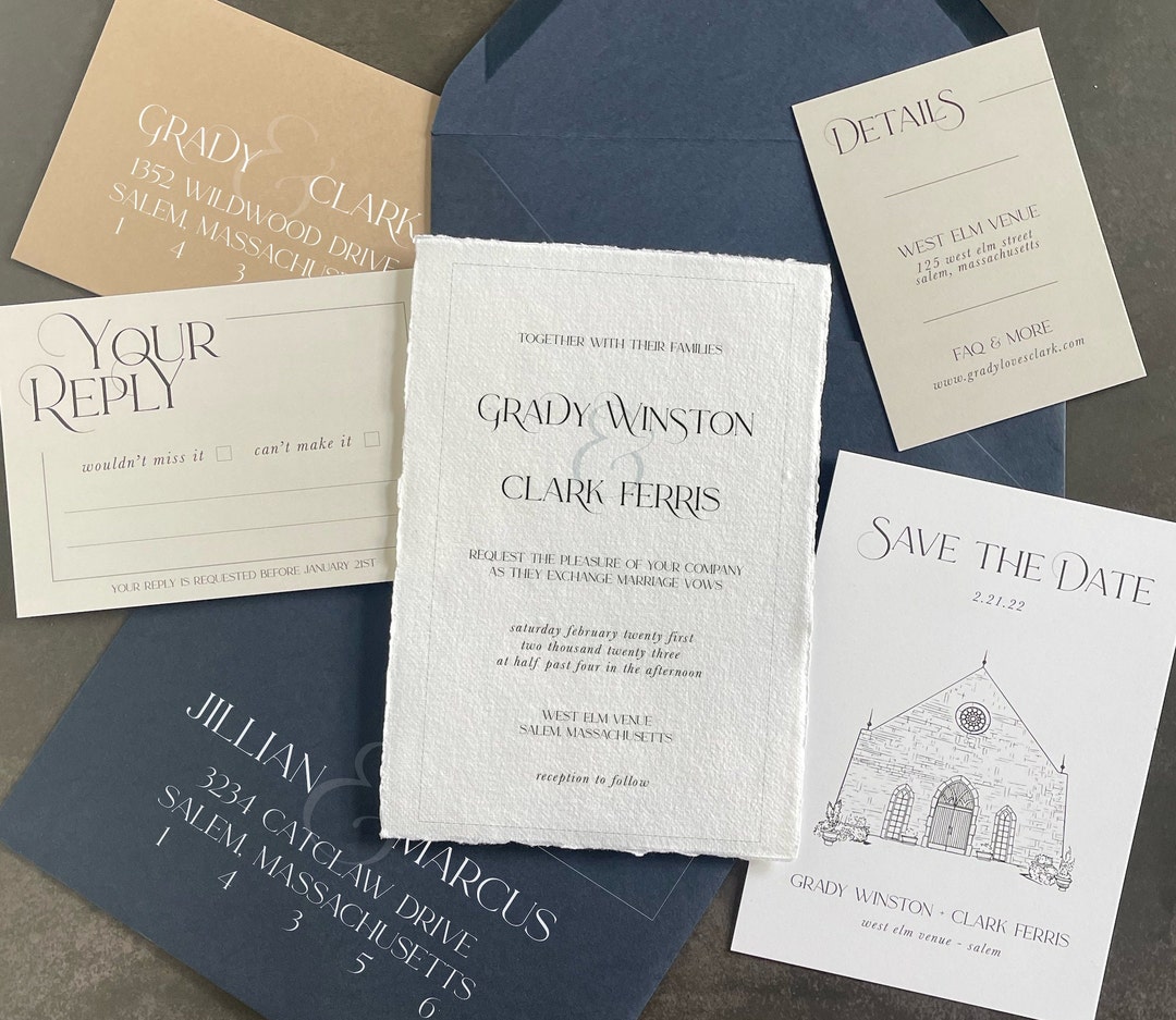 Parchment Paper Inveitation Example Handmade Paper Invitation With Navy Envelope | Sand & Stone - Etsy