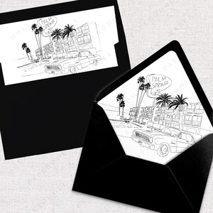 Forro de sobre imprimible con el horizonte de Palm Springs, descarga instantánea, arte lineal en blanco y negro, tamaño A7, solapa europea y solapa cuadrada, inserto de boda DIY.