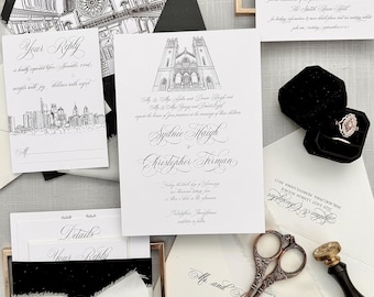 Black and White wedding invitation with custom venue illustration | 5x7 Invite with Venue Drawing, Wedding invitation with Skyline Sketch