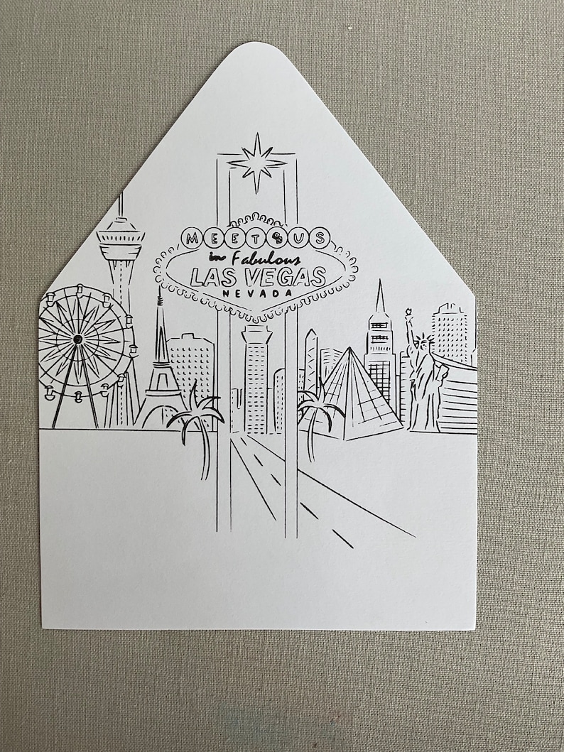 May include: A black and white illustration of the Las Vegas skyline, featuring the iconic "Welcome to Fabulous Las Vegas, Nevada" sign, the Eiffel Tower, a Ferris wheel, palm trees, and other buildings.