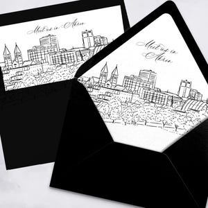 Druckbare Akron Ohio Skyline Umschlag Liner Sofort Download schwarz und weiß Linie Kunst A7 Euro Klappe und quadratische Klappe DIY Hochzeitseinladung