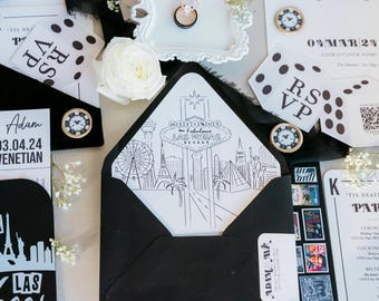Printable Las Vegas Skyline Envelope Liner Instant Download Black and White Line Art A7 Euro Flap and Square Flap DIY Wedding Invitation