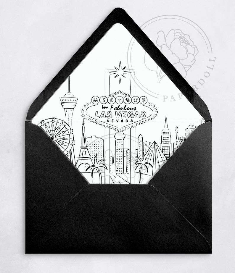 May include: Black and white illustration of the Las Vegas skyline with the iconic "Welcome to Fabulous Las Vegas" sign. The illustration includes the Bellagio fountain, the Eiffel Tower replica, and the High Roller observation wheel.
