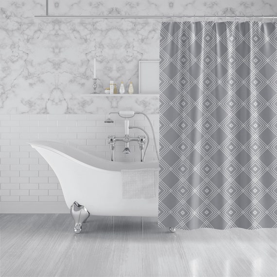 Gray White Geometric Fabric Shower Curtain Modern Custom Etsy