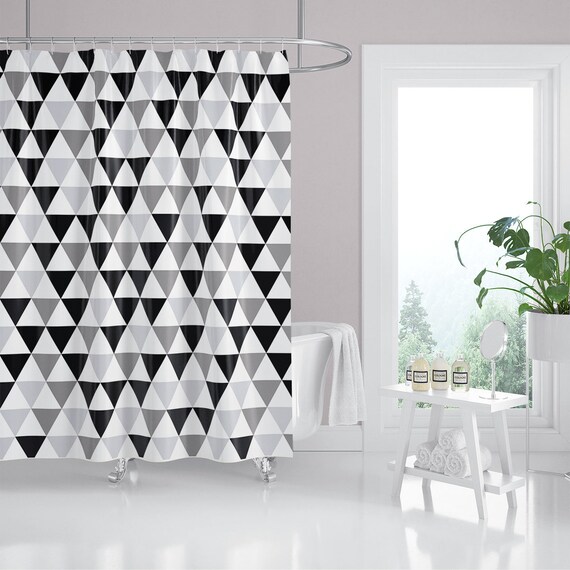 Black Gray And White Triangle Fabric Shower Curtain Geometric Minimalist Bathroom Decor Extra Long