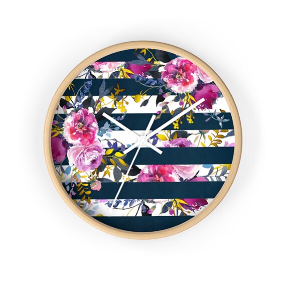 Navy Blue Striped Pink Floral Wall Clock Natural Wood Frame Round Clock Modern 10 Inch Office Clock Navy Blue Striped Pink Floral Wall Clock Natural Wood Frame Round Clock Modern 10 Inch Office Clock