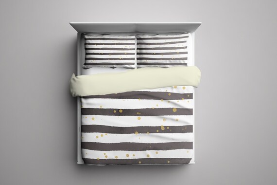 Gray White Striped Gold Paint Splash Duvet Cover Modern Bedding Comforter Set Twin Twin Xl Queen King