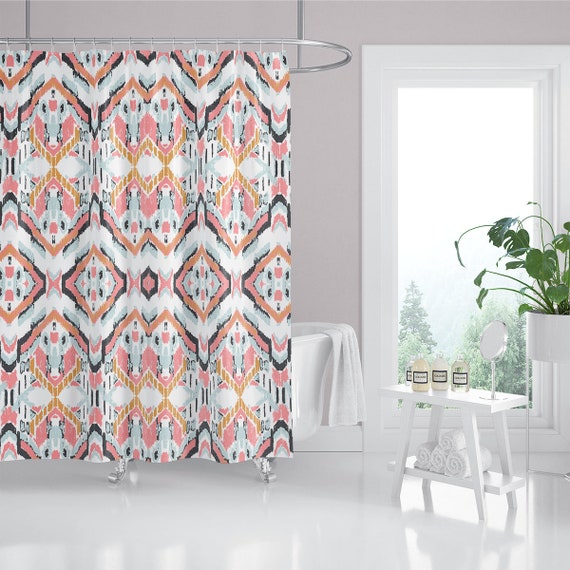 Navy Blue Pink Ikat Fabric Shower Curtain Custom Bath Etsy