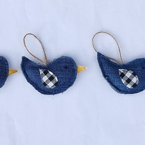 Denim Bird Ornaments, Recycled Ornament, Bird, Hancrafted Ornament, Rustic Winter Decor, Buffalo Check Ornament, Country Ornament