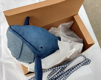 Gift Box Denim Whale, Whale Toy, Stuffed Animal, Recycled Denim Plush, Ocean Decor, Sustainable Gift, Gift Box