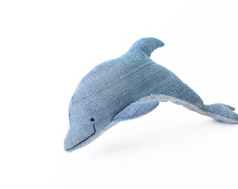 Stuffed Denim Dolphin, Dolphin pillow, Dolphin Plush, Dolphin Stuffed Animal Toy, Ocean Stuffed Animal, Upcycled Jean Toy, Ocean Decor