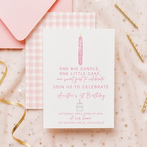 ONE Little Candle, One Big Cake Water Color Birthday Invitation for 1st Birthday | Watercolor First Birthday Invitation
