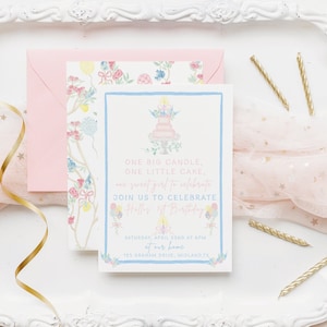 ONE Little Candle Birthday Invitation for 1st Birthday | Watercolor First Birthday Invitation | Pink 1st Birthday