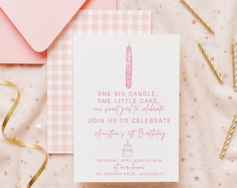 ONE Little Candle, One Big Cake Water Color Birthday Invitation for 1st Birthday | Watercolor First Birthday Invitation