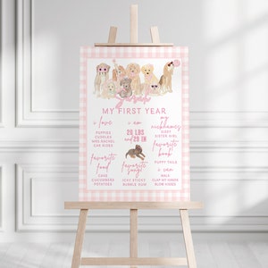 Un año dorado / Puppy Pawty l Tablero de hitos del primer cumpleaños de niña / Lazo rosa / Fiesta de cumpleaños de niña / Etiquetas de agradecimiento con acuarela